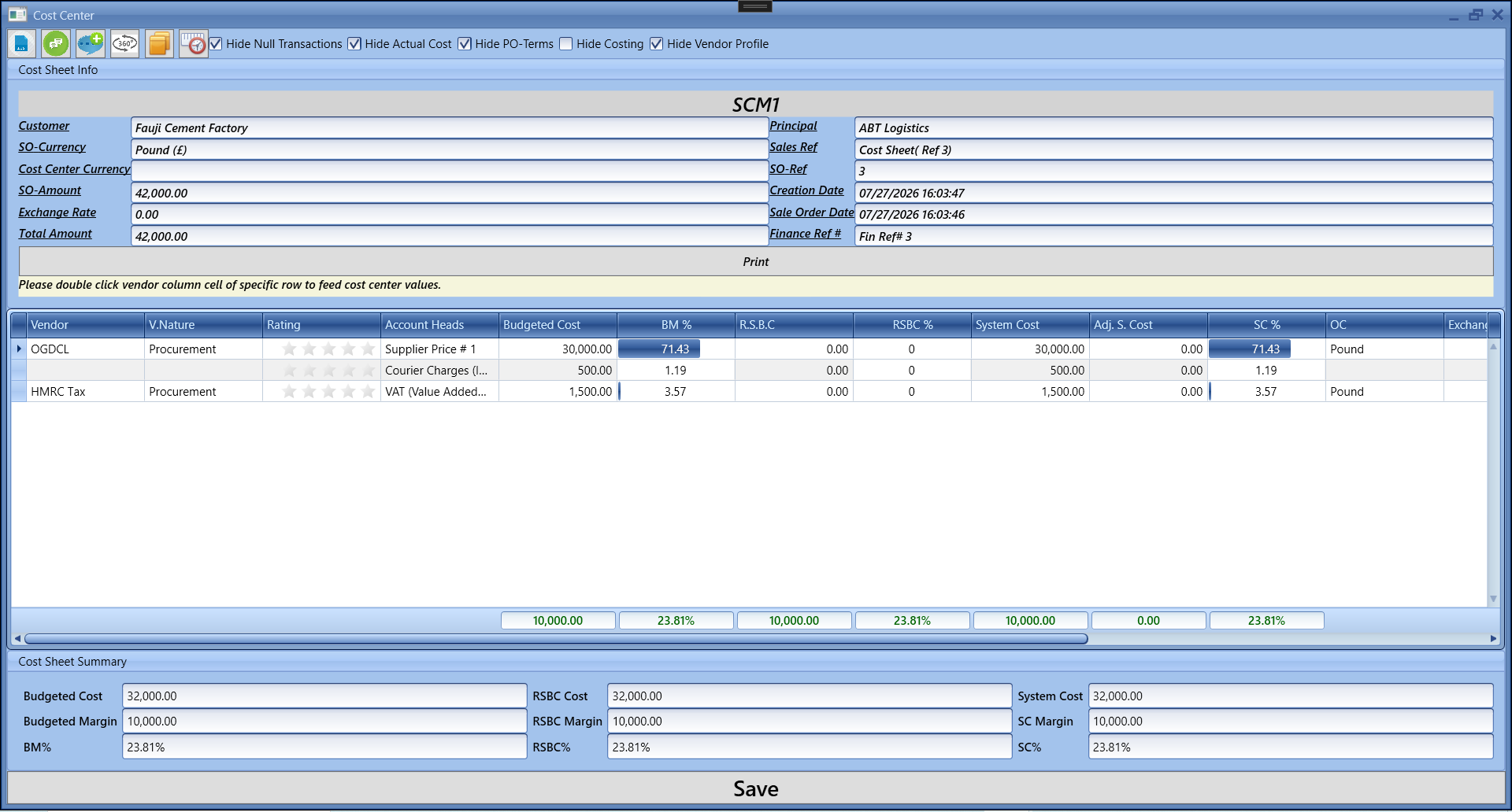 SmartERP accounting cost sheet
