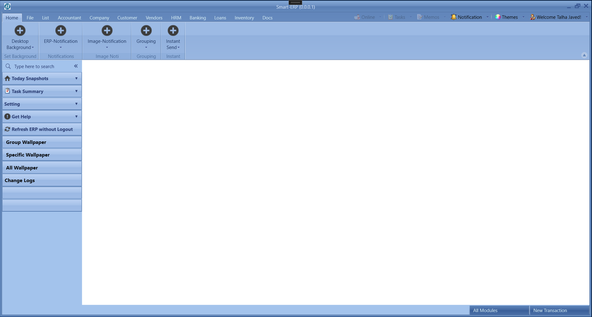 SmartERP desktop application dashboard