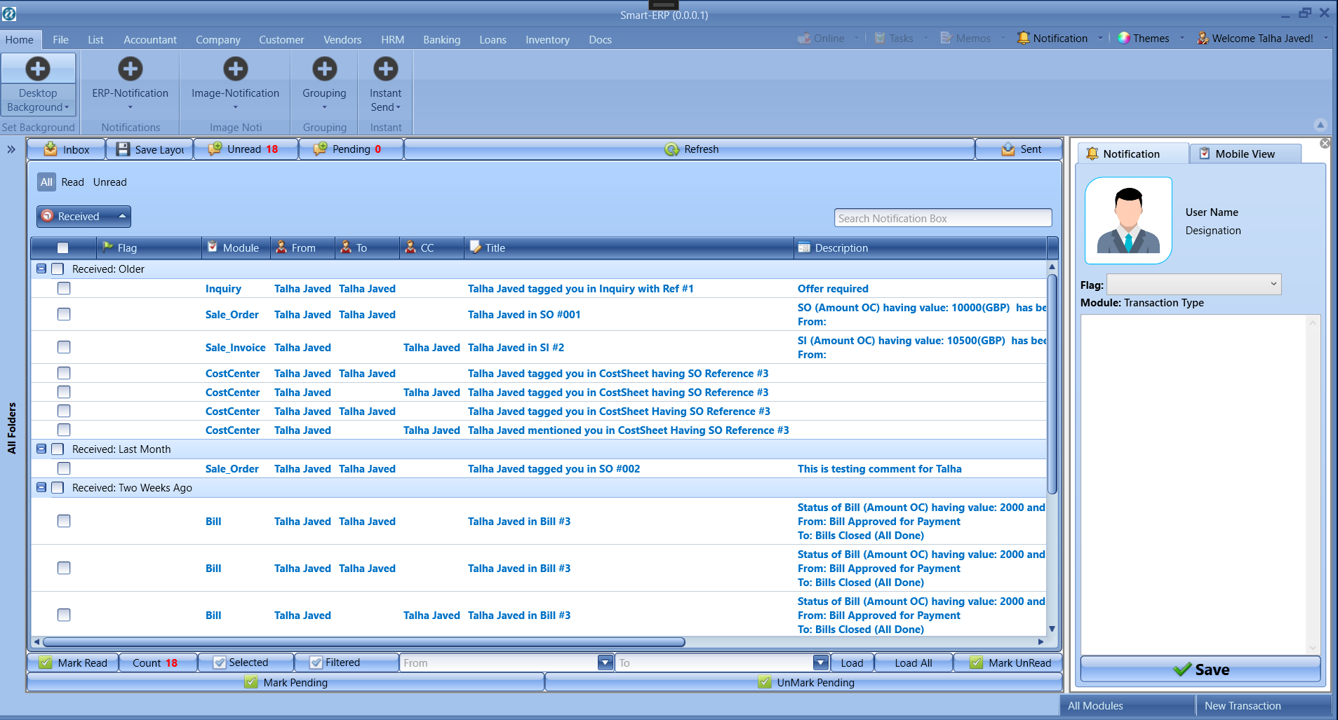 SmartERP transaction notifications